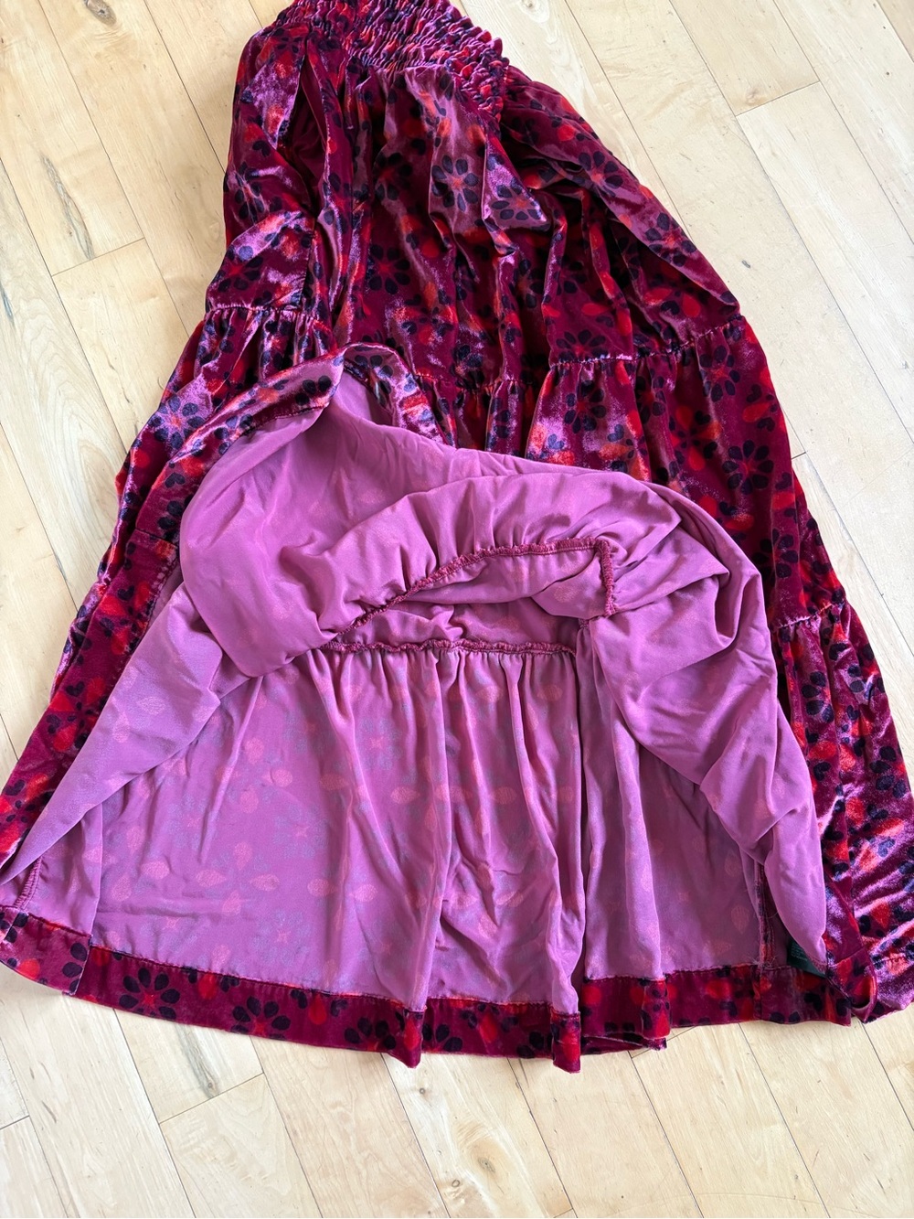 The Somerset Maxi Skirt Anthro Velvet Tiered Pink Multi Floral Pockets Small - Picture 8 of 9